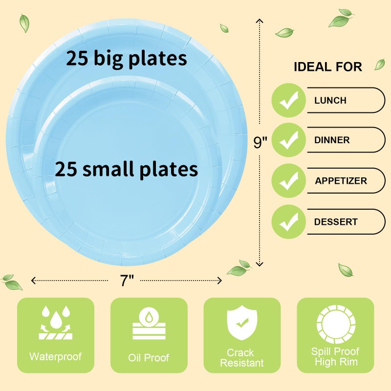 LANLISA 50 Light Blue Paper Plates Disposable, 25-9" & 25-7" Disposable Birthday Cake Dessert Plates For Baby Shower, Easter Party Supplies - Image 5