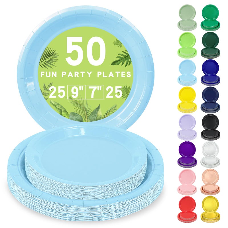 LANLISA 50 Light Blue Paper Plates Disposable, 25-9" & 25-7" Disposable Birthday Cake Dessert Plates For Baby Shower, Easter Party Supplies - Image 1