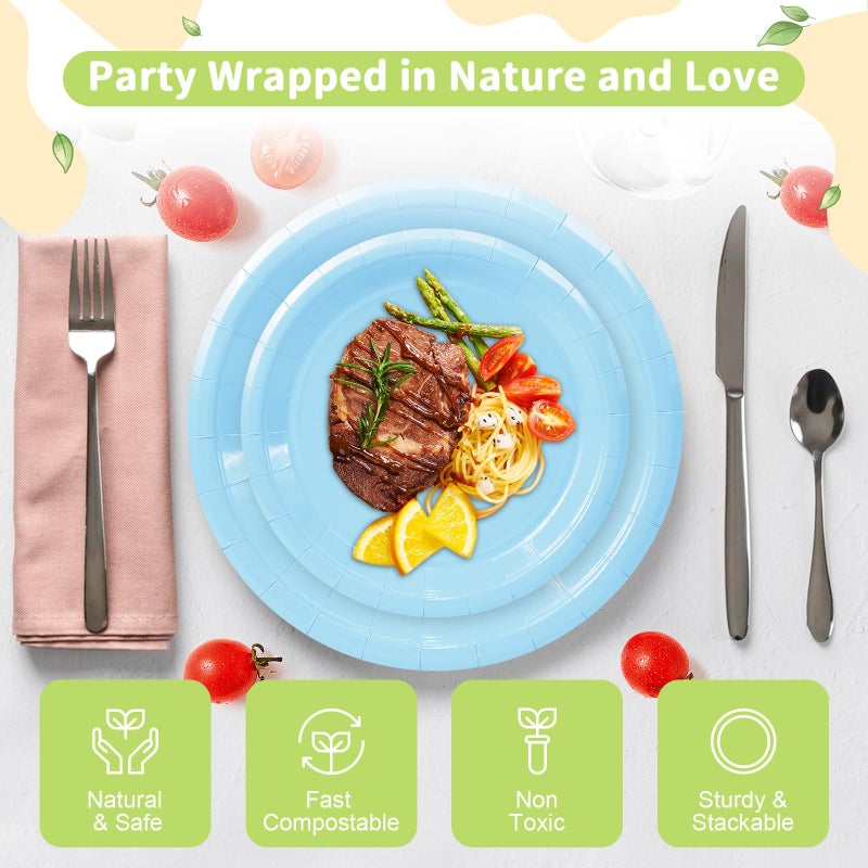 LANLISA 50 Light Blue Paper Plates Disposable, 25-9" & 25-7" Disposable Birthday Cake Dessert Plates For Baby Shower, Easter Party Supplies - Image 3