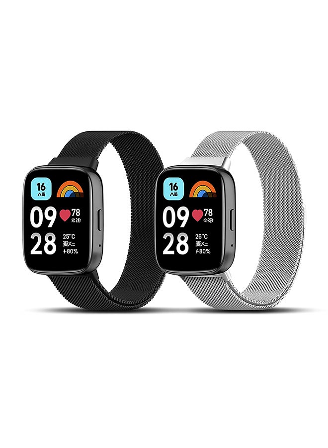 O Ozone (Pack of 2) Milanese Loop Bands Compatible with Redmi Watch 3 Active/Redmi Watch 3 Lite, Magnetic Stainless Steel Mesh Quick Release Adjustable Replacement Smartwatch Wristband for Men Women - Black/Silver - Image 1