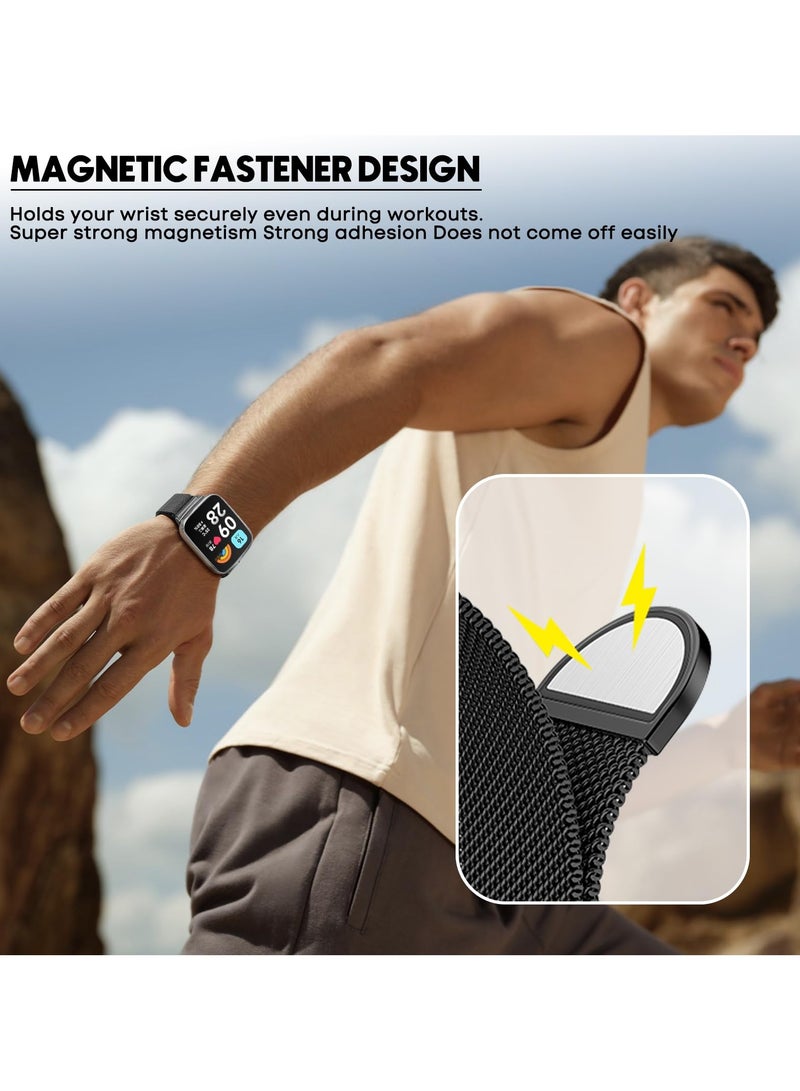 O Ozone (Pack of 2) Milanese Loop Bands Compatible with Redmi Watch 3 Active/Redmi Watch 3 Lite, Magnetic Stainless Steel Mesh Quick Release Adjustable Replacement Smartwatch Wristband for Men Women - Black/Silver - Image 3