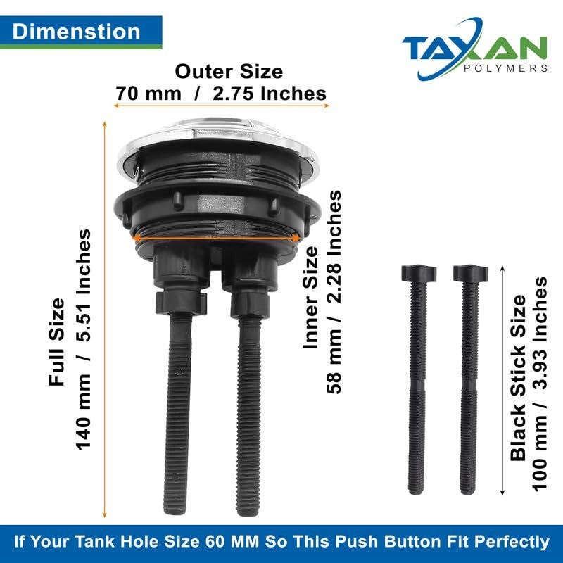 TAXAN POLYMERS Taxan Dual Flush Push Button for Toilet Water Tank (58 mm) – Chrome Finish Anti-Bacterial Surface, Round Design for Lid Holes (Inner 58 mm to 68 mm Size), Durable ABS Material - Image 3