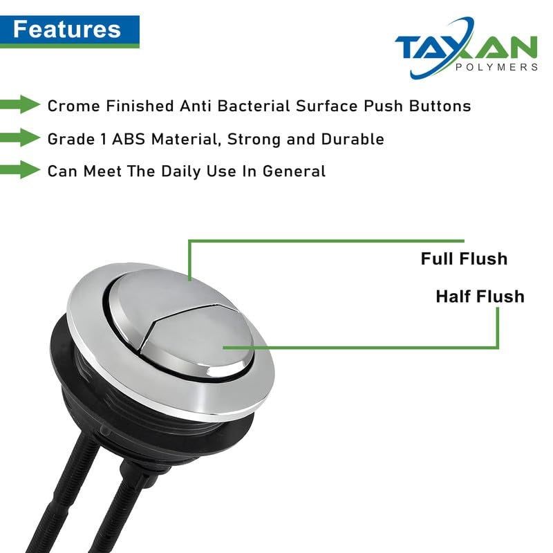 TAXAN POLYMERS Taxan Dual Flush Push Button for Toilet Water Tank (58 mm) – Chrome Finish Anti-Bacterial Surface, Round Design for Lid Holes (Inner 58 mm to 68 mm Size), Durable ABS Material - Image 4