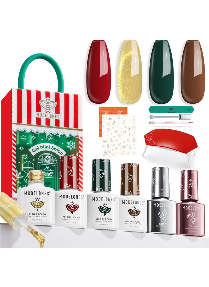 modelones - modelones Gel Nail Polish Kit With U V Light, Red Green Gold Cat Eye Brown Manicure Starter Set with Holiday Stickers Base Top Coat, 2025 New Year Colors Magnetic Gel Mini Salon Gift For Women Girl - Image 1