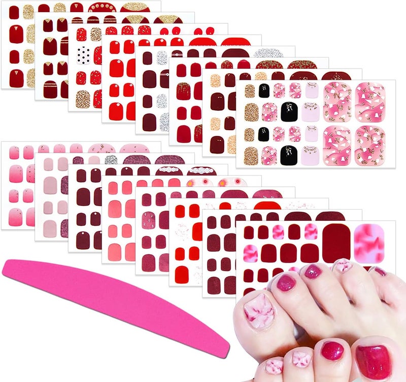 SILPECWEE Red Toe Nail Polish Strips for Women Full Nail Wraps Self Adhesive Nail Stickers Nail Strips Real Nail Polish Toenails Accessories with 1pc Nail File (16 Sheets)