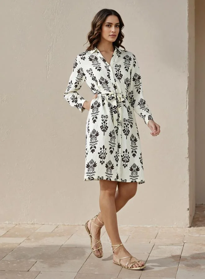 Splash FAV Knee Length Shirt Belted Dress with Floral Print