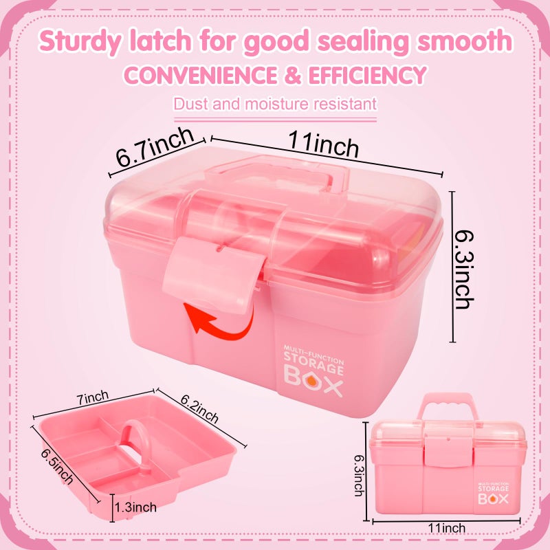 TERGOO 11in Mutipurpose Storage Box Organizer with Removable Tray, Portable Small Craft Organizer with Handle, Plastic Clear Tool Box Art Case for Makeup, Sewing, Nail, Hair Accessories (Pink) - Image 2