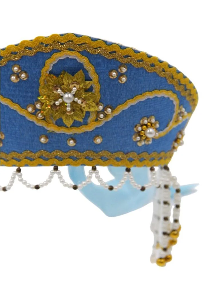 D'Daniela D' Daniela - Women's Traditional Headdress Kokoshnik - Blue  with Mustard Yellow Beads
