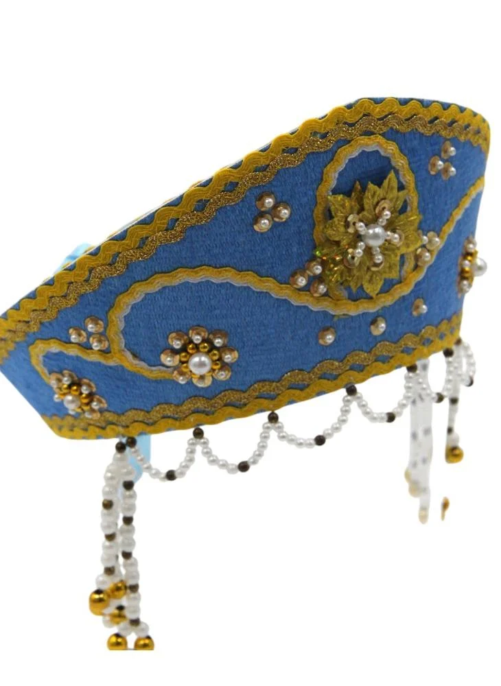 دىدانيالا D' Daniela - Women's Traditional Headdress Kokoshnik - Blue  with Mustard Yellow Beads