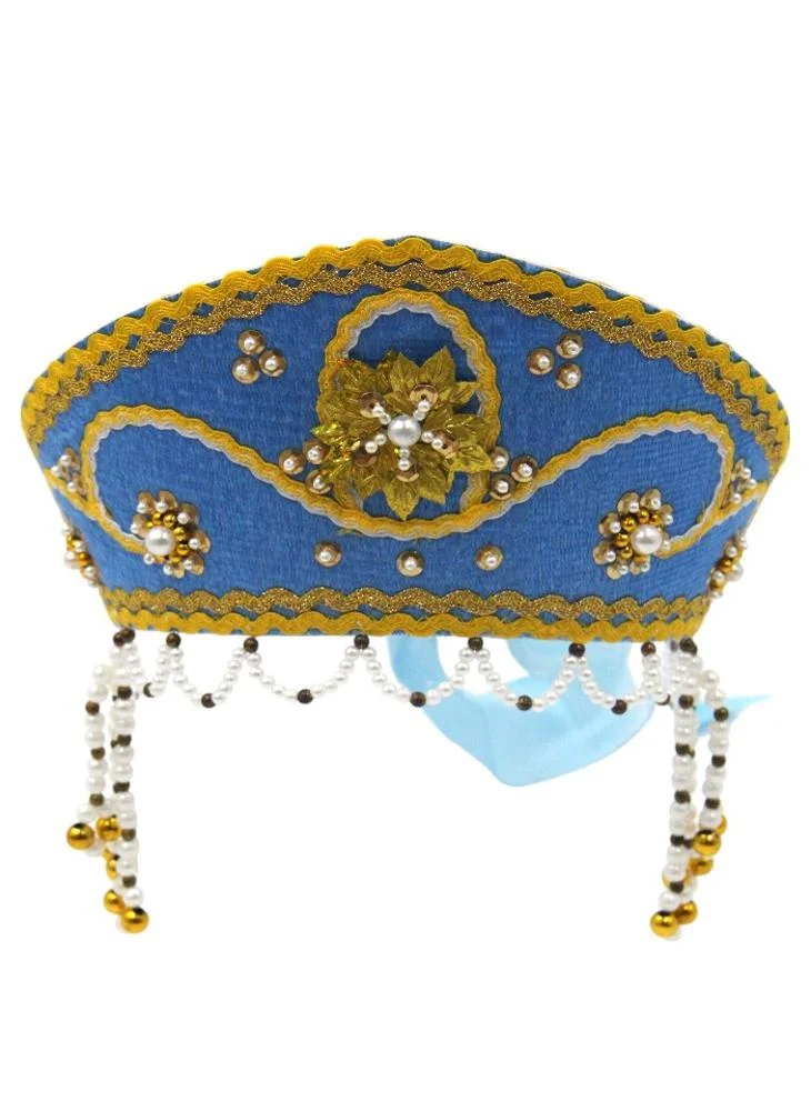 D'Daniela D' Daniela - Women's Traditional Headdress Kokoshnik - Blue  with Mustard Yellow Beads