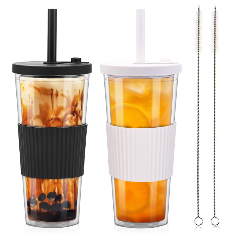 UHAPEER 2 Pack Reusable Boba Tea Cups, 24oz Iced Coffee Cup with Straw and Lid, Leakproof Clear Plastic Cups Tumbler, Double Wall Insulated Smoothie Tumbler, Wide Straw for Bubble Tea, Black and White - Image 1