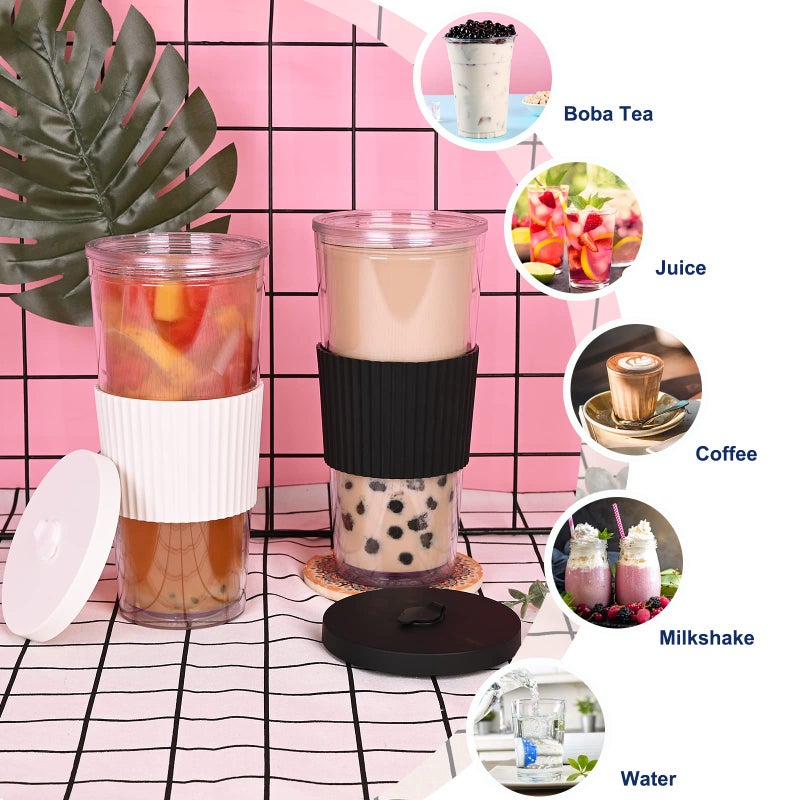 UHAPEER 2 Pack Reusable Boba Tea Cups, 24oz Iced Coffee Cup with Straw and Lid, Leakproof Clear Plastic Cups Tumbler, Double Wall Insulated Smoothie Tumbler, Wide Straw for Bubble Tea, Black and White - Image 5