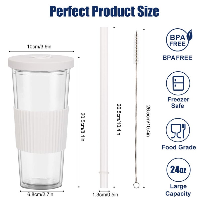 UHAPEER 2 Pack Reusable Boba Tea Cups, 24oz Iced Coffee Cup with Straw and Lid, Leakproof Clear Plastic Cups Tumbler, Double Wall Insulated Smoothie Tumbler, Wide Straw for Bubble Tea, Black and White - Image 3