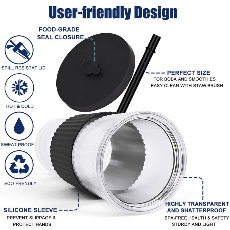 UHAPEER 2 Pack Reusable Boba Tea Cups, 24oz Iced Coffee Cup with Straw and Lid, Leakproof Clear Plastic Cups Tumbler, Double Wall Insulated Smoothie Tumbler, Wide Straw for Bubble Tea, Black and White - Image 2