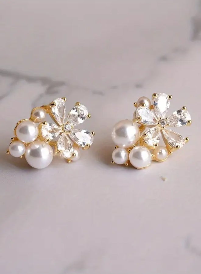 Ready For Chai Chic Versatile Flower Five-Petal Earrings with Simulated Pearls - Small, Elegant Studs for Everyday Wear, Alloy with Imitation Pearls, Fashionable Accessories|Floral Earrings|Alloy Post - Image 2