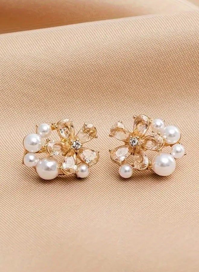 Ready For Chai Chic Versatile Flower Five-Petal Earrings with Simulated Pearls - Small, Elegant Studs for Everyday Wear, Alloy with Imitation Pearls, Fashionable Accessories|Floral Earrings|Alloy Post - Image 3