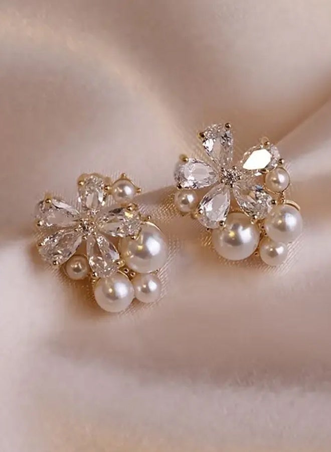 Ready For Chai Chic Versatile Flower Five-Petal Earrings with Simulated Pearls - Small, Elegant Studs for Everyday Wear, Alloy with Imitation Pearls, Fashionable Accessories|Floral Earrings|Alloy Post - Image 1