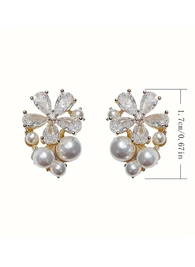 Ready For Chai Chic Versatile Flower Five-Petal Earrings with Simulated Pearls - Small, Elegant Studs for Everyday Wear, Alloy with Imitation Pearls, Fashionable Accessories|Floral Earrings|Alloy Post - Image 4