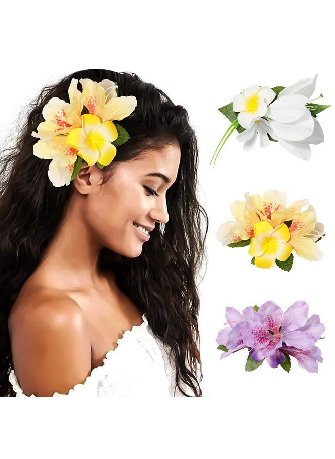 HAIMEIKANG Aimeikang 3 Pieces Hawaiian Flower Hair Clips Artificial Tropical Flower Hair Pins Large Hair Flowers For Women Hawaiian Hair Accessories Wedding Hair Piece (White+Yellow+Purple)  - Image 1