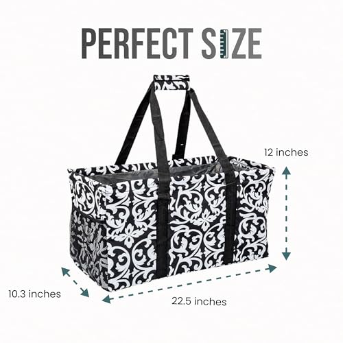 Lucazzi Extra Large Utility Tote Bag - Oversized Collapsible Reusable Wire Frame Rectangular Canvas Basket With Two Exterior Pockets For Beach, Pool, Laundry, Car Trunk, Storage - Damask Gray - Image 3