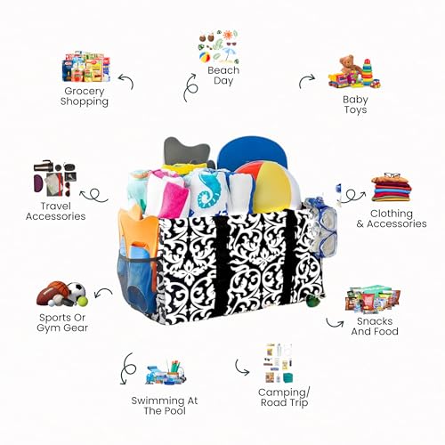 Lucazzi Extra Large Utility Tote Bag - Oversized Collapsible Reusable Wire Frame Rectangular Canvas Basket With Two Exterior Pockets For Beach, Pool, Laundry, Car Trunk, Storage - Damask Gray - Image 5