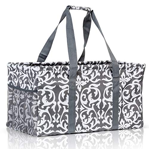 Lucazzi Extra Large Utility Tote Bag - Oversized Collapsible Reusable Wire Frame Rectangular Canvas Basket With Two Exterior Pockets For Beach, Pool, Laundry, Car Trunk, Storage - Damask Gray - Image 1