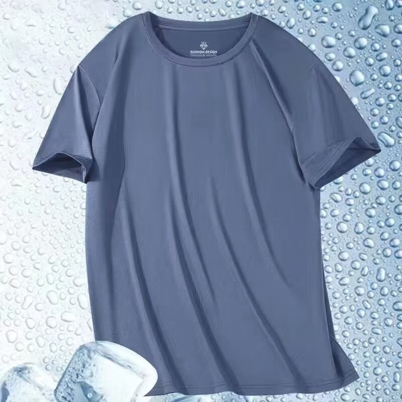Summer Thin Short-sleeved T-shirt Mens Simple Solid Color Mesh T-shirt Round Neck Ice Silk Sports Quick-drying Clothes Navy blue  - Image 3
