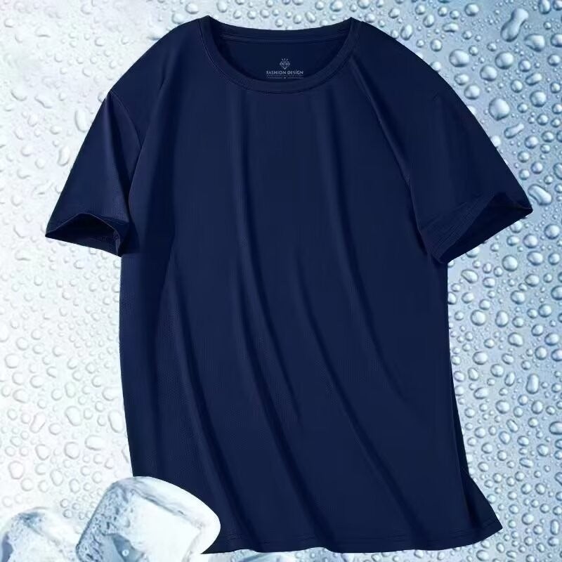 Summer Thin Short-sleeved T-shirt Mens Simple Solid Color Mesh T-shirt Round Neck Ice Silk Sports Quick-drying Clothes Navy blue  - Image 1