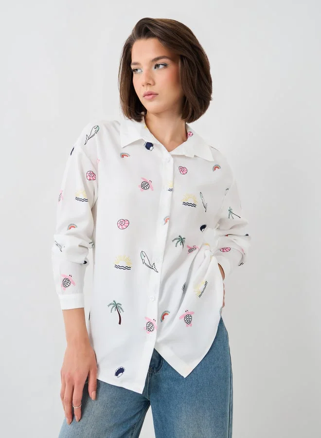 تايك تو قميص واسع بياقة منتشرة وطبعة شاملة