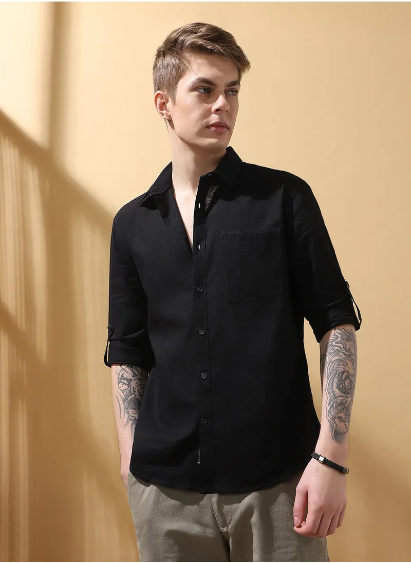 Dennis Lingo Upgrade your wardrobe with this premium Black Regular Fit Shirts Textured design crafted from 100% Cotton featuring Long Sleeves with Button closure.