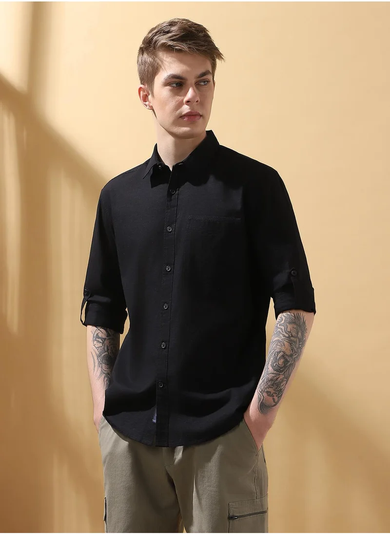 Dennis Lingo Upgrade your wardrobe with this premium Black Regular Fit Shirts Textured design crafted from 100% Cotton featuring Long Sleeves with Button closure.