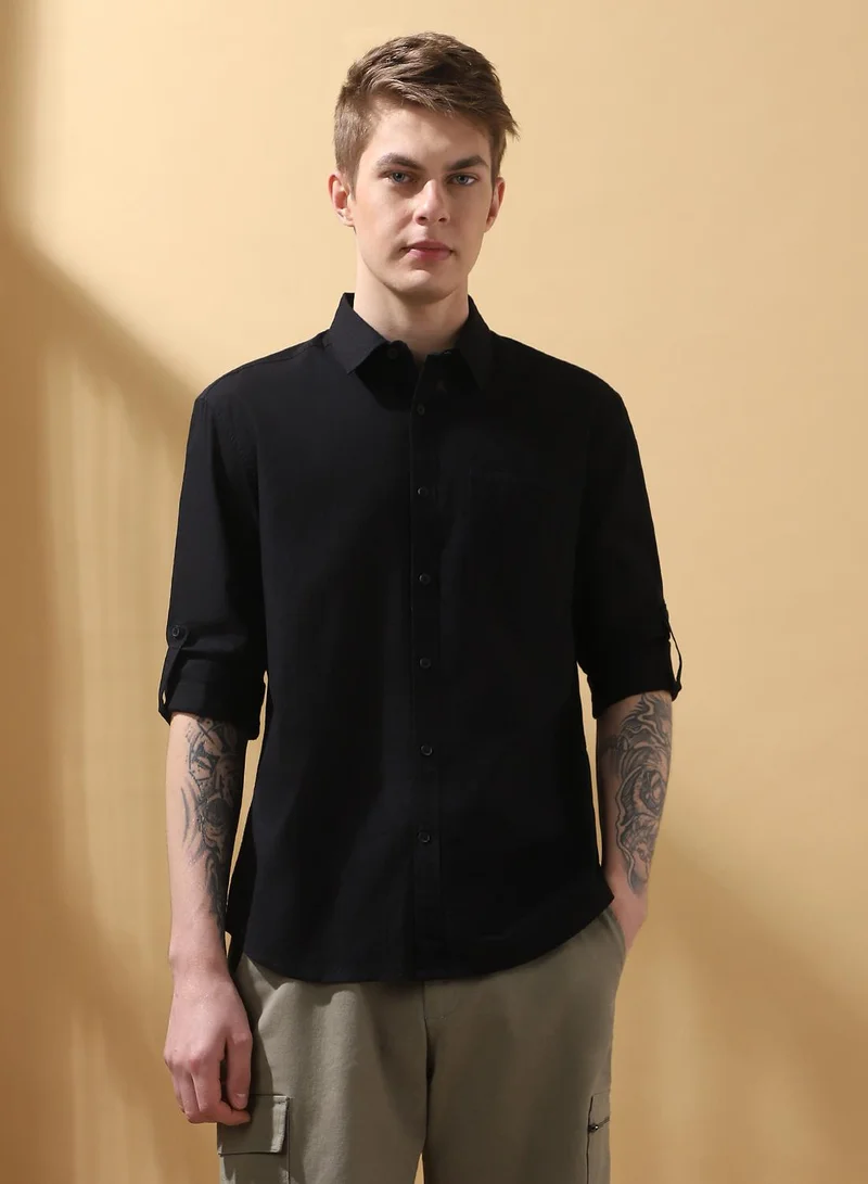 Dennis Lingo Men's Black 100% Cotton Textured Button Down Regular FiT-Shirt
