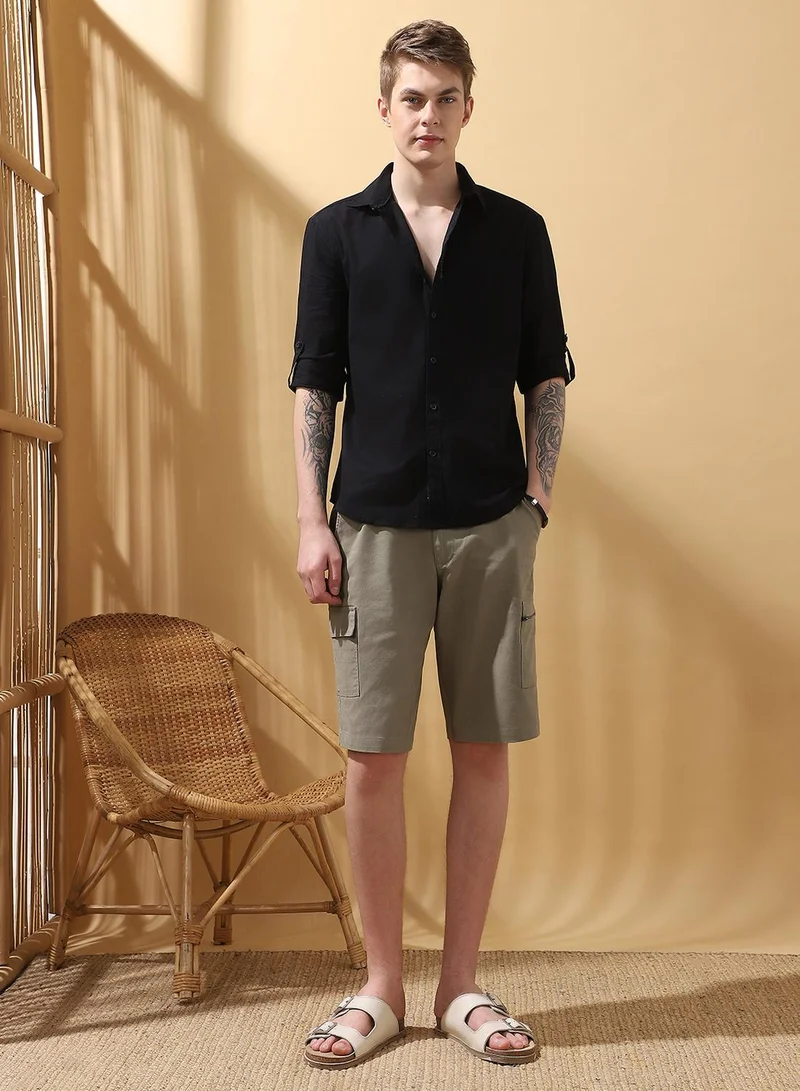 Dennis Lingo Men's Black 100% Cotton Textured Button Down Regular FiT-Shirt