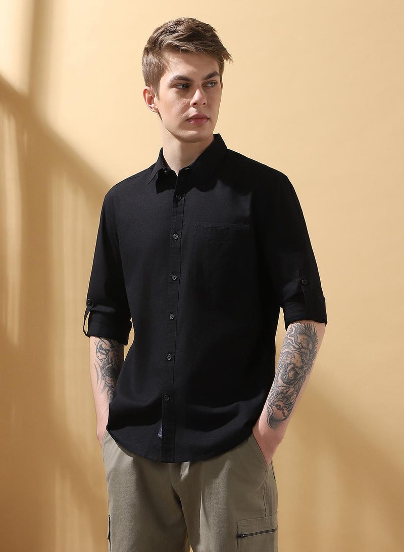 Dennis Lingo Men's Black 100% Cotton Textured Button Down Regular FiT-Shirt  - Image 2