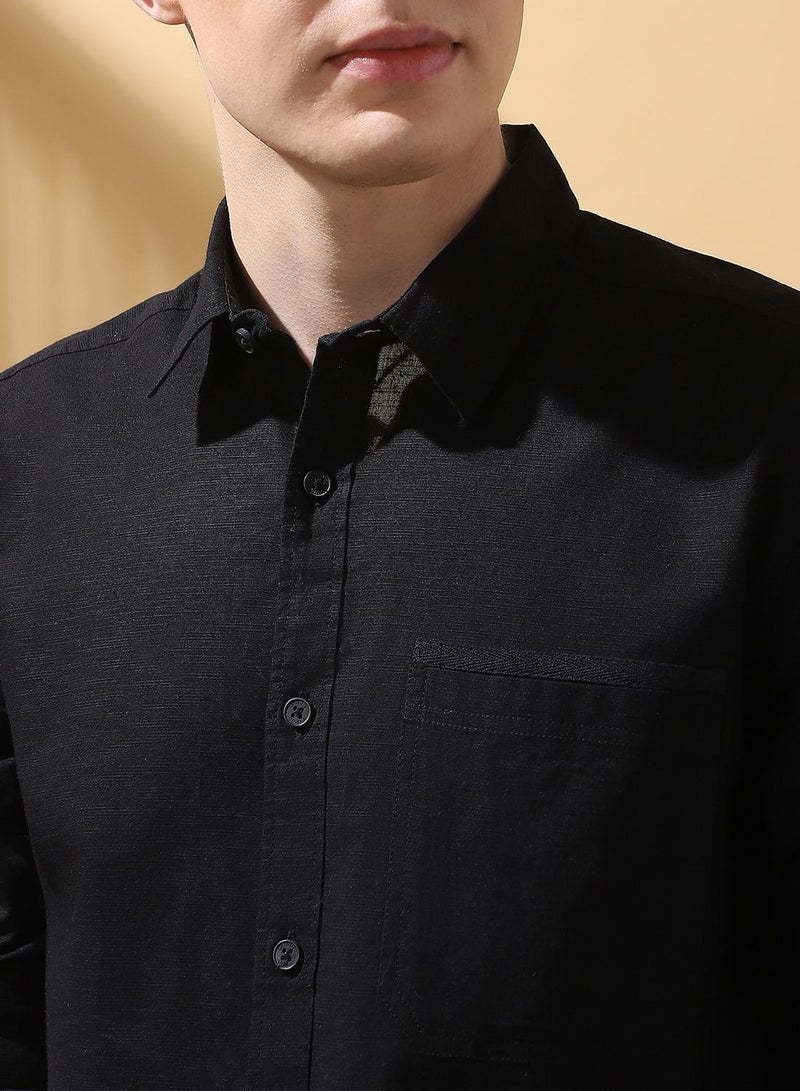 Dennis Lingo Men's Black 100% Cotton Textured Button Down Regular FiT-Shirt  - Image 5