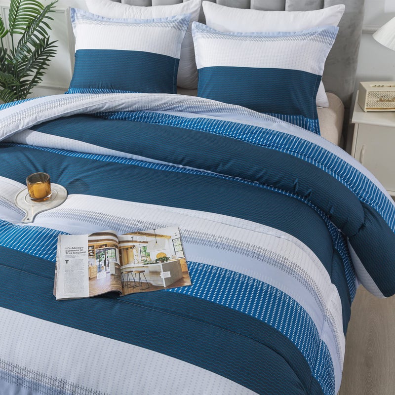 Andency Andency Stripe Comforter Set King Size (104x90 Inch)  3 Pieces Navy Patchwork Striped Comforter  Soft Microfiber Down Alternative Comforter Bedding Set with Corner Loops  - Image 1