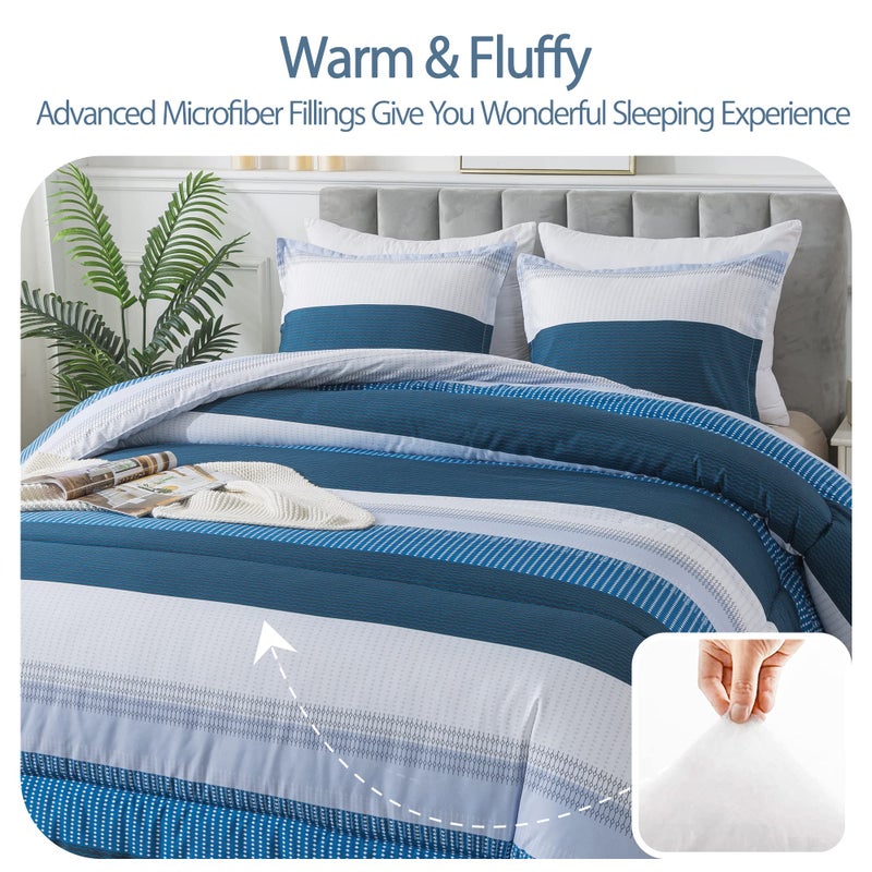 Andency Andency Stripe Comforter Set King Size (104x90 Inch)  3 Pieces Navy Patchwork Striped Comforter  Soft Microfiber Down Alternative Comforter Bedding Set with Corner Loops  - Image 3