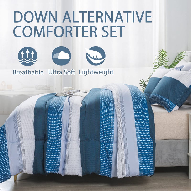 Andency Andency Stripe Comforter Set King Size (104x90 Inch)  3 Pieces Navy Patchwork Striped Comforter  Soft Microfiber Down Alternative Comforter Bedding Set with Corner Loops  - Image 4