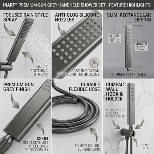 InArt® Stainless Steel Hand Shower, Gun Grey Finish | Stainless Steel Handheld Shower with Rain Massage | Easy-Clean Silicone Nozzles (Hand Shower + Tube + Hook) - Image 3
