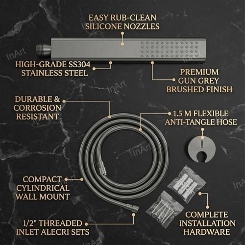 InArt® Stainless Steel Hand Shower, Gun Grey Finish | Stainless Steel Handheld Shower with Rain Massage | Easy-Clean Silicone Nozzles (Hand Shower + Tube + Hook) - Image 2