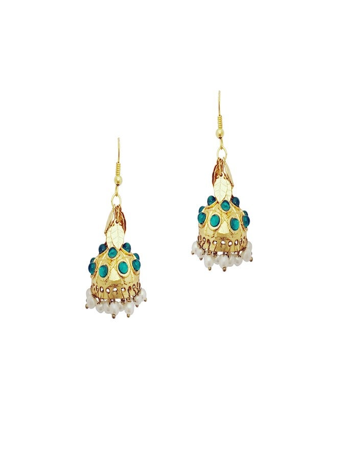 Moonstruck Emerald Green Pearl Danglers Jhumki Earring for Women Traditional (Green) - Image 1