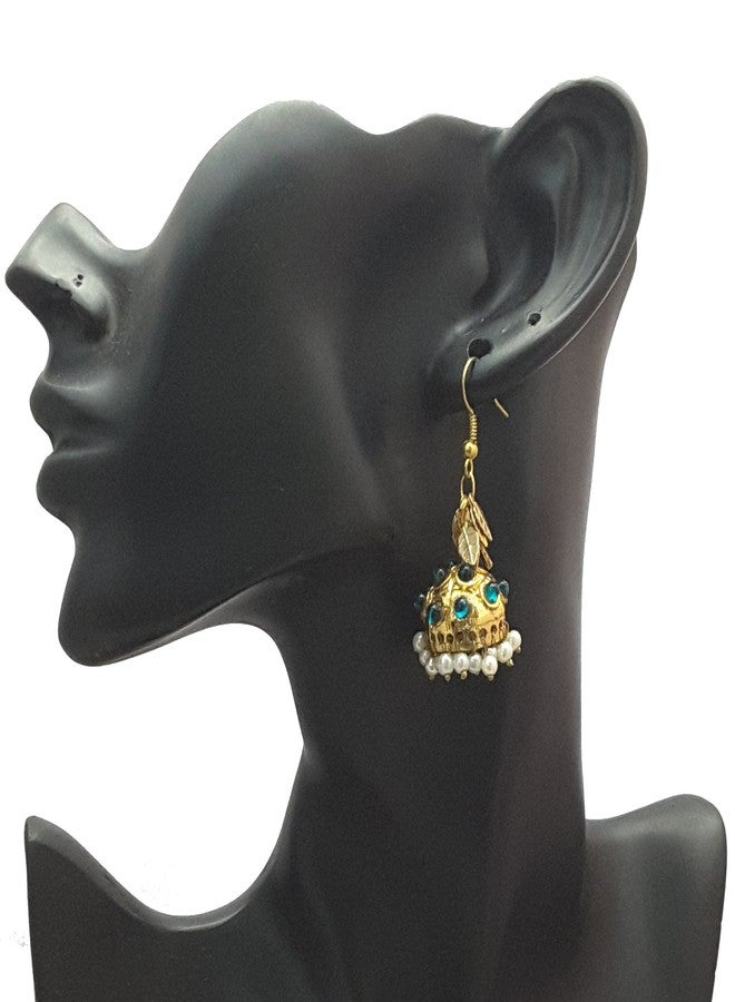 Moonstruck Emerald Green Pearl Danglers Jhumki Earring for Women Traditional (Green) - Image 2