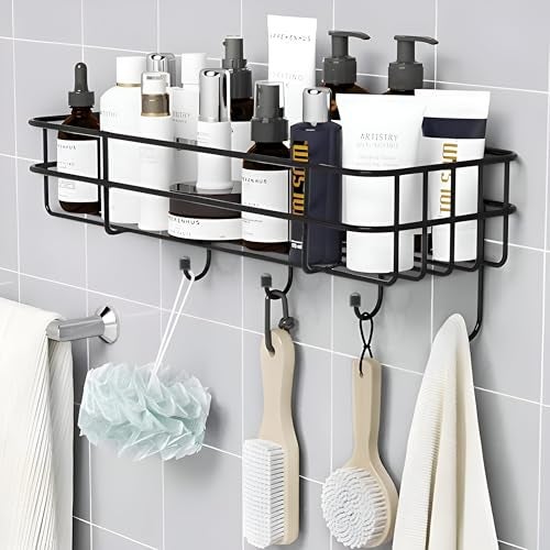 Homeor Self Adhesive Bathroom Shelf with 4 Hooks for Wall/Shelf Organizer/Kitchen Shelf with Magic Stickers, Saving Wall Mounted Bathroom Shelf, Pack of 4, Black Powder Coated - Image 5