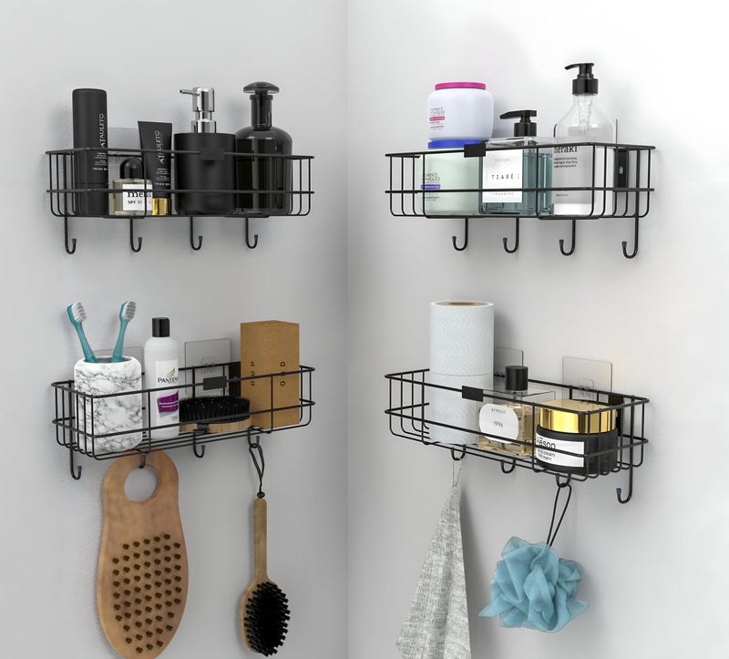 Homeor Self Adhesive Bathroom Shelf with 4 Hooks for Wall/Shelf Organizer/Kitchen Shelf with Magic Stickers, Saving Wall Mounted Bathroom Shelf, Pack of 4, Black Powder Coated - Image 1