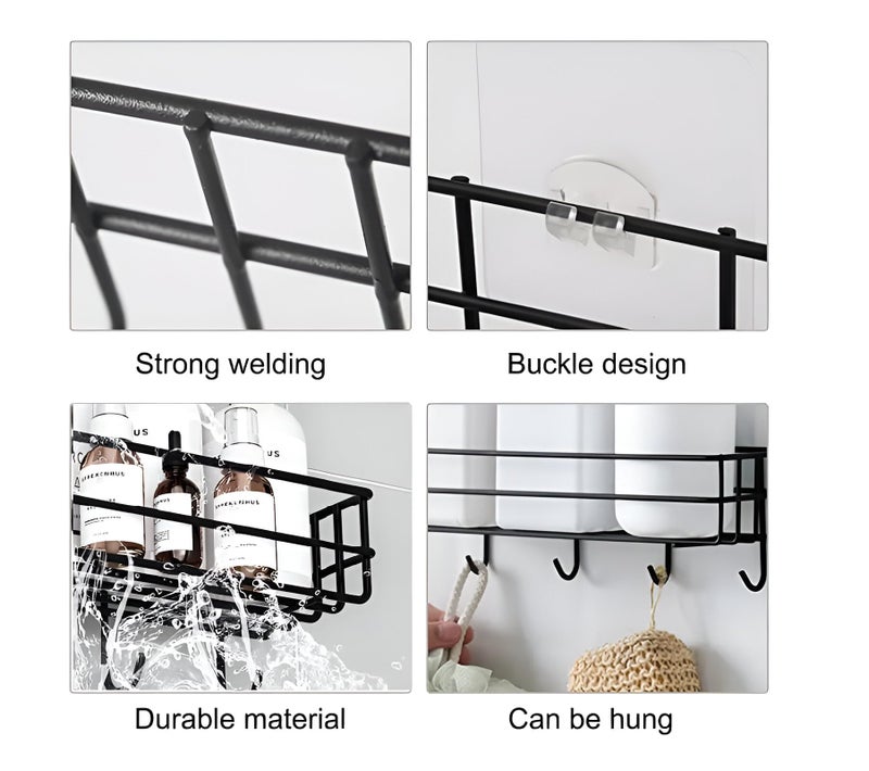 Homeor Self Adhesive Bathroom Shelf with 4 Hooks for Wall/Shelf Organizer/Kitchen Shelf with Magic Stickers, Saving Wall Mounted Bathroom Shelf, Pack of 4, Black Powder Coated - Image 3
