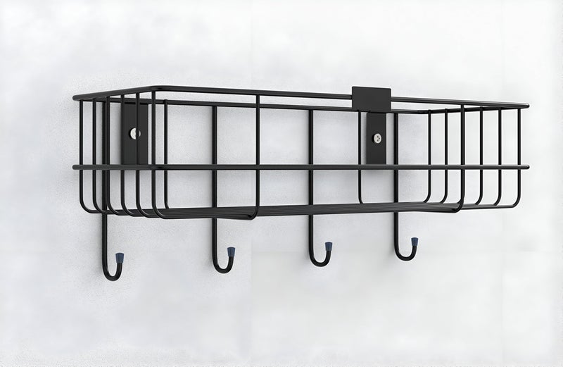 Homeor Self Adhesive Bathroom Shelf with 4 Hooks for Wall/Shelf Organizer/Kitchen Shelf with Magic Stickers, Saving Wall Mounted Bathroom Shelf, Pack of 4, Black Powder Coated - Image 4