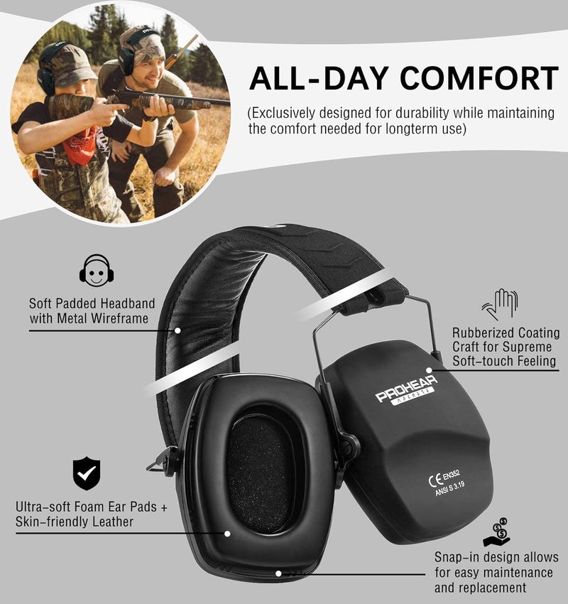 PROHEAR 016 Ear Protection Safety Earmuffs for Shooting, NRR 26dB Noise Reduction Slim Passive Hearing Protector with Low-Profile Earcups, Compact Foldable Ear Defenders for Gun Range, Hunting (Black) - Image 4