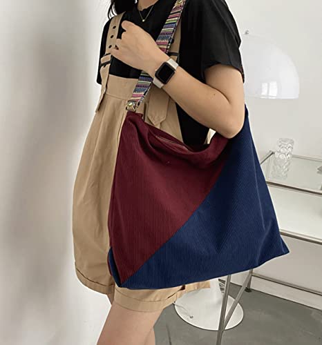 JARKJARD Women Corduroy Tote Bag Large Shoulder Hobo Bag for Women Boho Casual Handbag Purse(Red+Blue) - Image 2