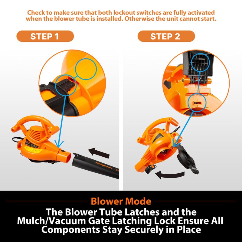 LawnMaster BV1210 Electric Blower Vacuum Mulcher 12 Amp 2-Speed Adjustment with Metal Impeller 240 MPH 380 CFM 16:1 Mulch Ratio with Collection Bag - Image 4