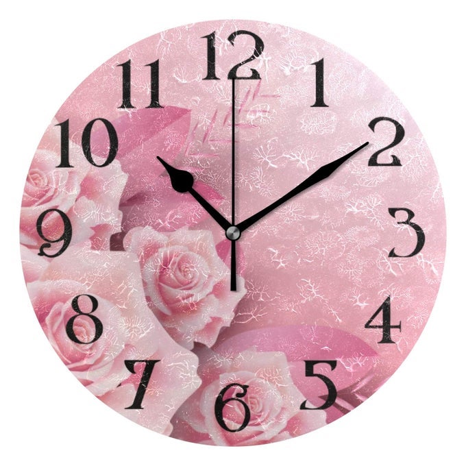 PINK ROSES WALL CLOCK WITH ROSES BATTERY OPERATED NON TICKING QUARTZ ANALOG ROUND 95 IN KITCHEN DECOR